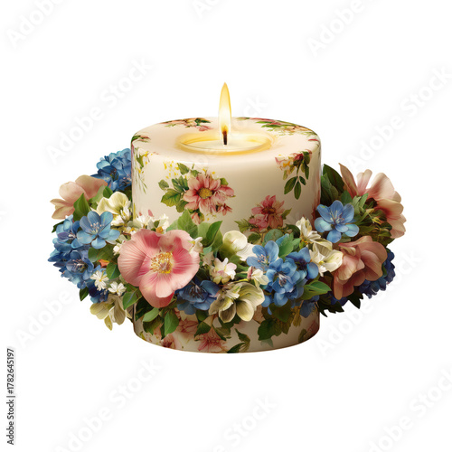 Decorative Candle With Floral Design and Vibrant Flowers Surrounding Its Base