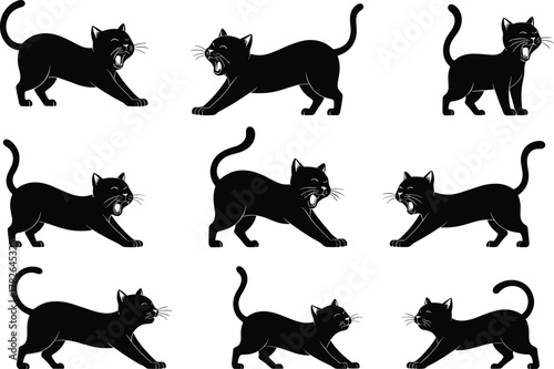 Black cat silhouettes, feline poses artwork, animal posture illustration, pet behavior design, domestic cats vector, feline movement collection, cat anatomy reference, feline artwork