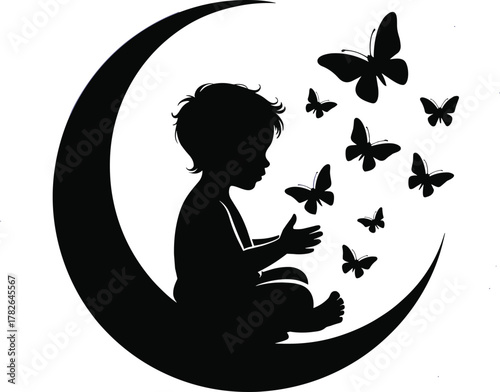 Baby Silhouette on Crescent Moon with Butterflies - Dream, Sleep, and Fairy Tale Vector Icon
