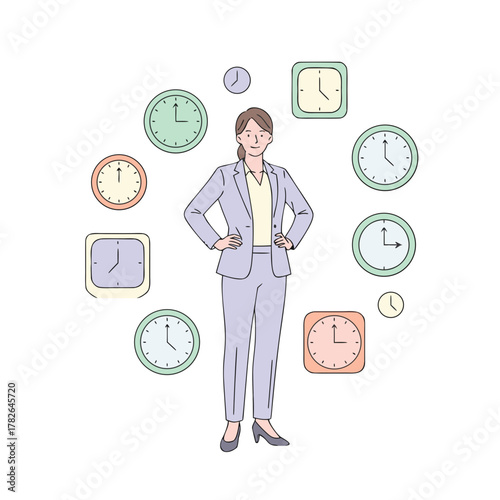 Businesswoman Standing Amidst a Circular Arrangement of Diverse Clocks Representing Time Management and Scheduling in a Professional Setting