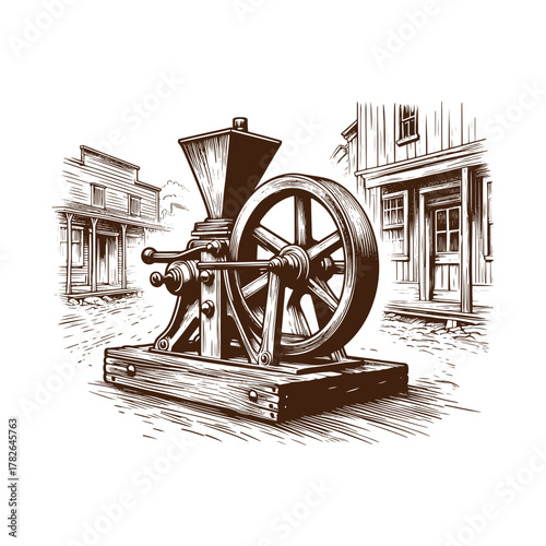 Antique Hand-Crank Machine in Old Western Town – Vintage Illustration