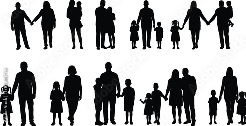 Family silhouette illustration, diverse group design, parents and children vector art, unity togetherness concept, caring relationship artwork, supportive family bonds