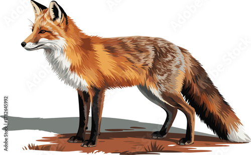 Detailed Realistic Red Fox Standing Vector Illustration, Wildlife Mammal Side View Portrait