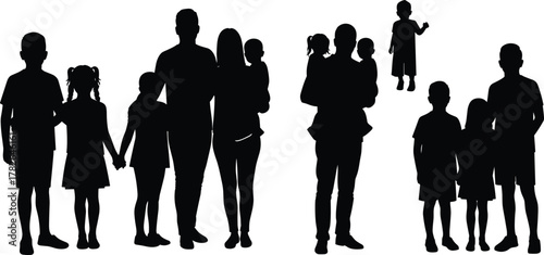 Family silhouette illustration, parents and children vector, group family design, family unity artwork, demographic family concept, social family composition, family relationship drawing,