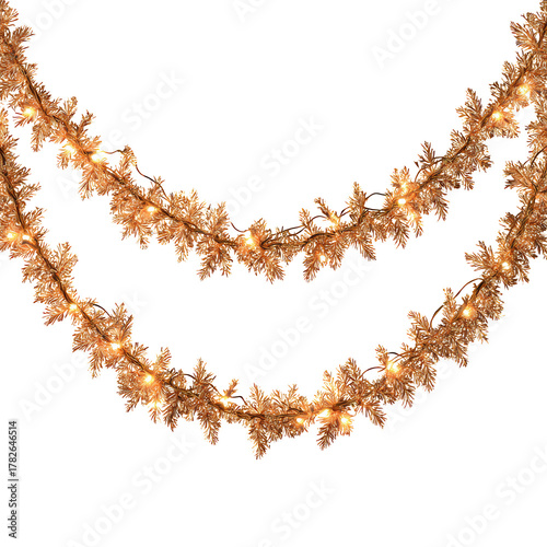 Twinkling Golden Garlands Adorn a Festive Setting for Holiday Celebrations an...