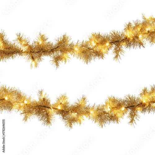 Twinkling Golden Garlands Adorn a Festive Setting for Holiday Celebrations an...