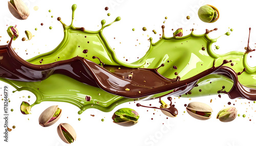 Pistachio-green and chocolate-brown liquid splashes with pistachios in motion