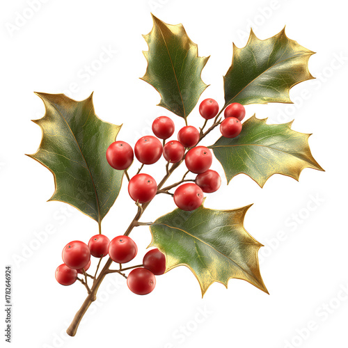 Beautiful Holly Branch With Bright Red Berries Against a White Background Sho...