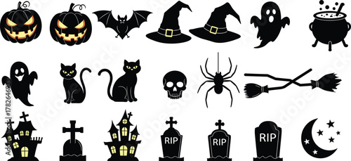 Halloween silhouette icons, spooky vector artwork, haunted house illustration, pumpkin jack o lantern design, ghost and bat graphics, seasonal holiday decoration