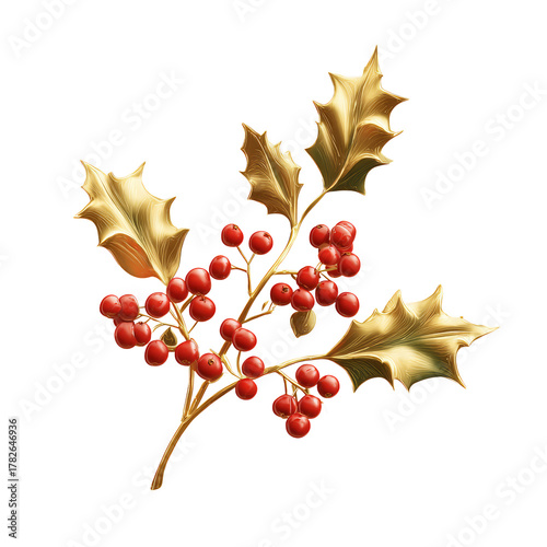 Golden Holly Branch With Red Berries on a White Background in Festive Decor S...