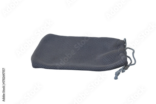 Gray Mesh Fabric Drawstring Pouch on Transparent Background