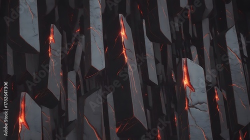 Dark obsidian columns glow with internal fiery orange lava cracks, creating a dramatic, powerful, and modern abstract background for impactful designs.