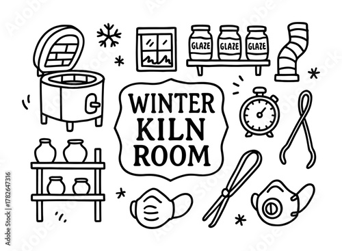 Winter ceramics workshop with kiln and supplies in linear style