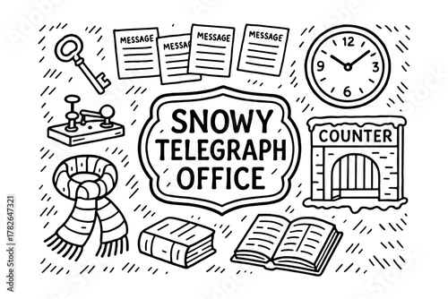 Retro telegraph office elements with winter theme in black and white