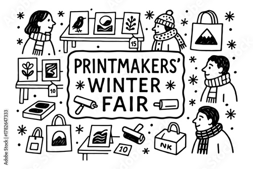 Winter art fair poster with hand-drawn printmaking elements and illustrated characters