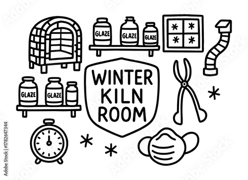 Winter kiln room essentials: glaze, tools, and safety gear in black and white doodle art