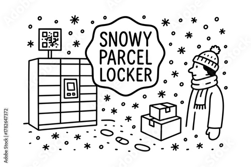 Snowy winter parcel locker with delivery boxes and person in warm clothing