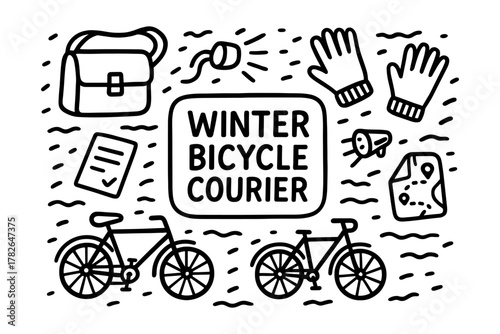 Winter bicycle courier essentials in minimalist line art style