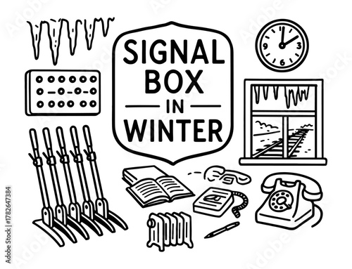 Signal box in winter: vintage railway control elements and devices