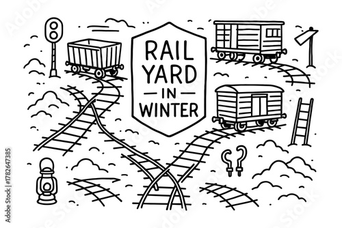 Vintage rail yard in winter with line art freight cars and tracks