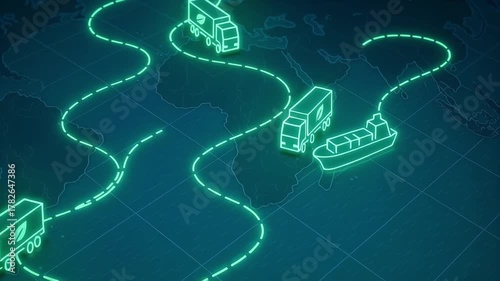 Neon green logistics route with trucks cargo ship tracing global supply chain shipment transport freight route and eco delivery network glowing path connecting sustainable transport freight movement