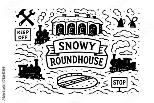 Vintage train roundhouse in winter with snow and steam engines