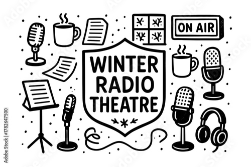 Cozy winter radio theatre design with microphones, headphones, and coffee