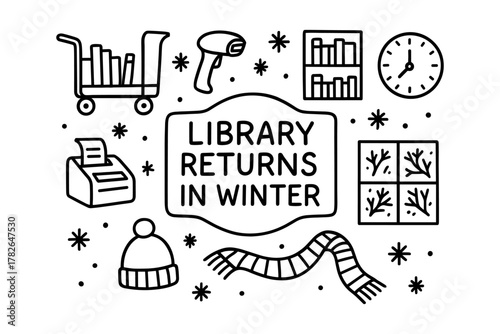 Winter library returns doodle with books, clock, and winter accessories