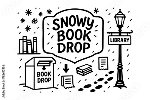 Winter library event with outdoor book drop in doodle style