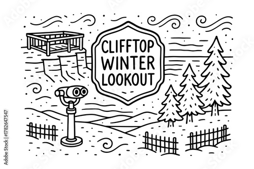 Clifftop winter lookout in line art with trees and sea view