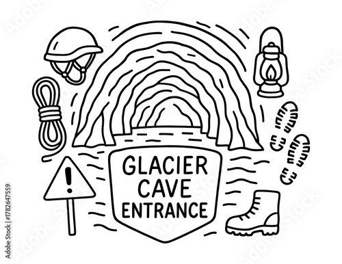 Adventure icon set: glacier cave entrance with hiking gear and safety equipment