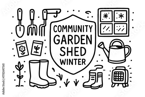 Winter community garden shed tools and essentials in doodle style