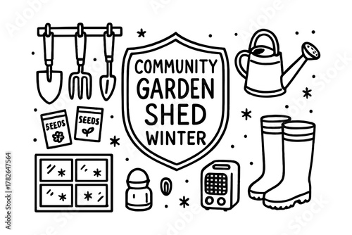 Community garden shed essentials for winter: tools, seeds, and gear in simple outline design
