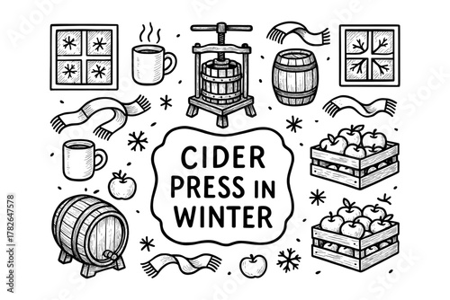 Winter cider making: rustic elements with apples, barrels, and cozy winter icons