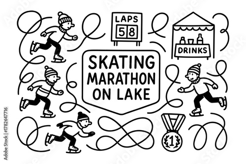 Winter ice skating marathon on lake with laps and refreshments sign