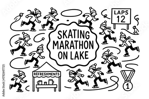 Winter skating marathon on lake with refreshments and medal in doodle style