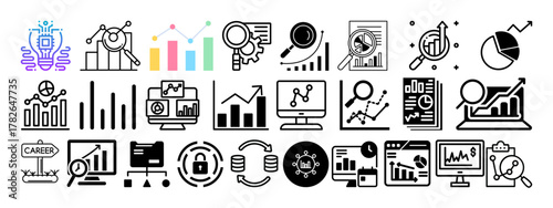 Artificial intelligence, data science, and analytics icons, includes brain tech, innovation, bar charts, research, statistics, and futuristic data visual representation for modern design use