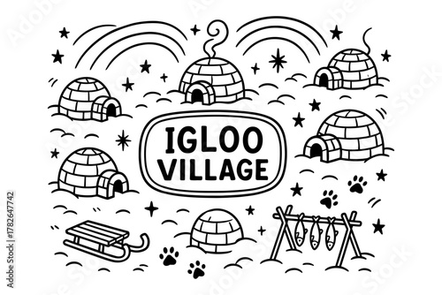 Whimsical igloo village scene with snowy elements and cute details