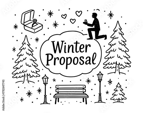 Romantic winter proposal with silhouette of man kneeling in snowy scene