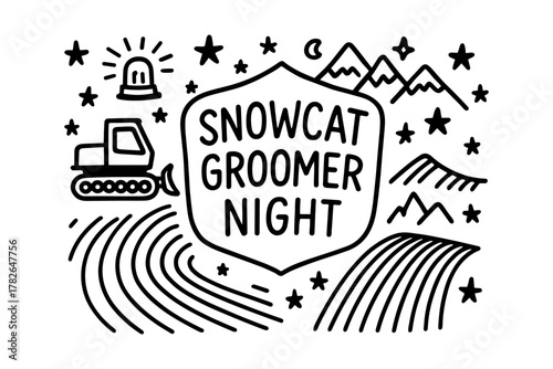 Snowcat adventure at night: whimsical elements of mountains, stars, and groomed trails