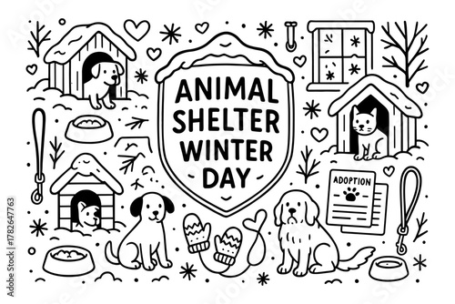 Animal shelter winter day activities with dogs and cats in doodle style