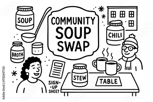 Community soup swap event with friends sharing hot drinks and homemade recipes