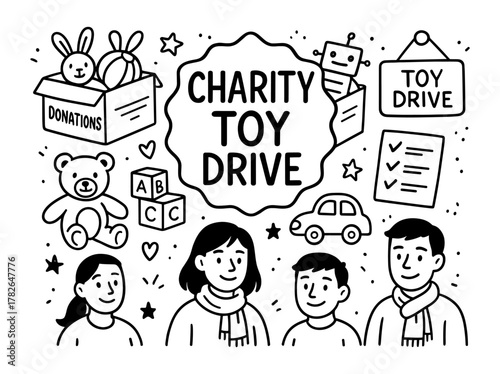 Charity toy drive doodle art with happy families and toys