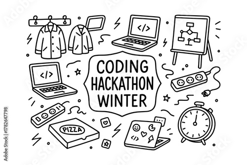 Winter coding hackathon doodle: tech and creativity in monochrome