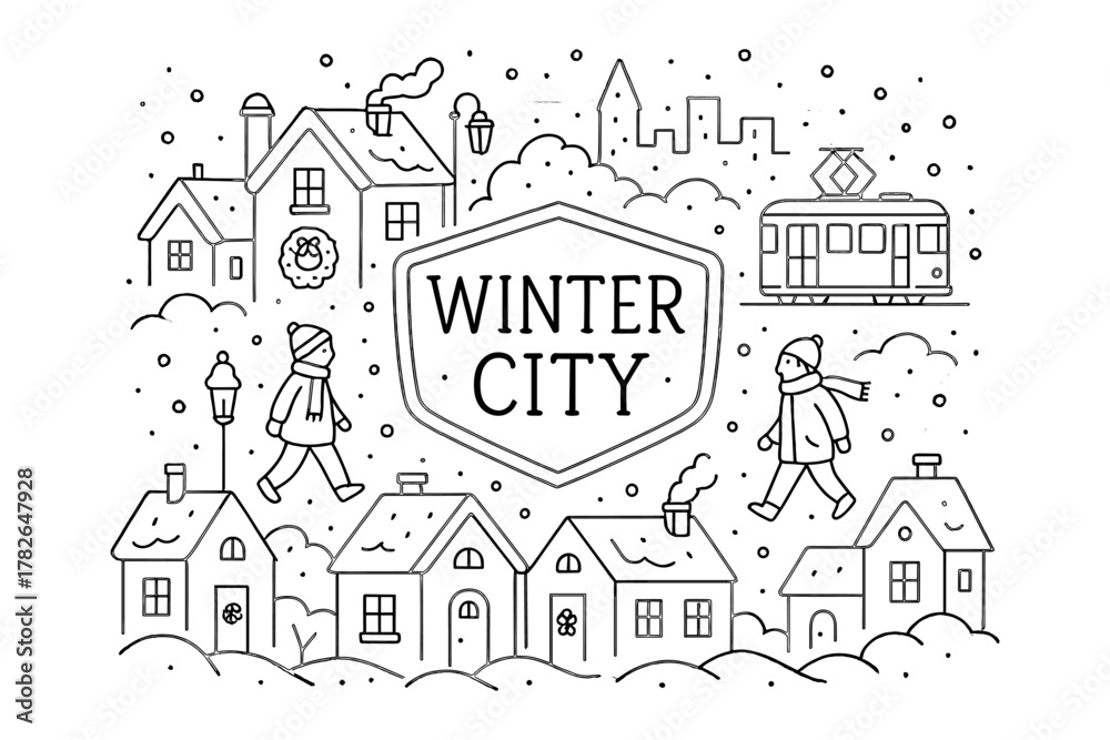 Fototapeta premium Charming winter scene of a city with cozy houses and snowfall in black and white linear art