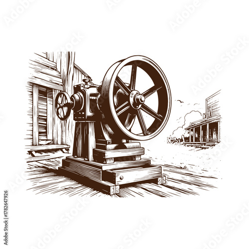 Antique Hand-Crank Machine in Old Western Town – Vintage Illustration