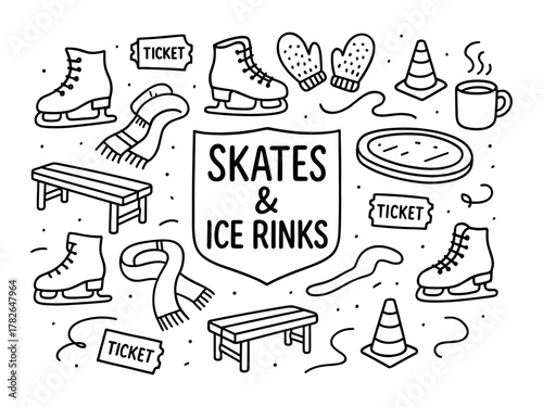 Winter ice skating doodle art with ice rinks, skates, and cozy accessories