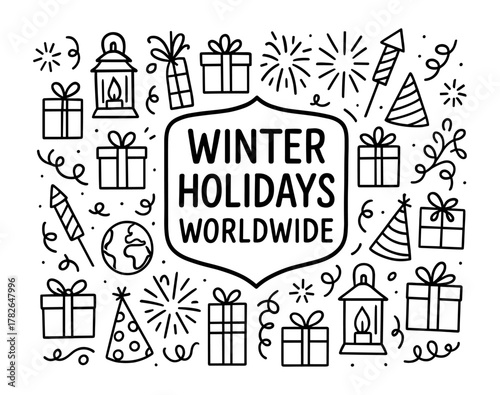 Doodle style winter festival elements celebrating global holidays