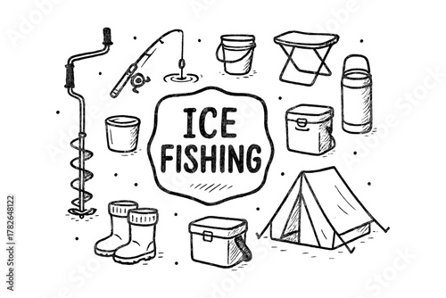 Hand drawn ice fishing gear collection with tent, boots, and rods in black and white