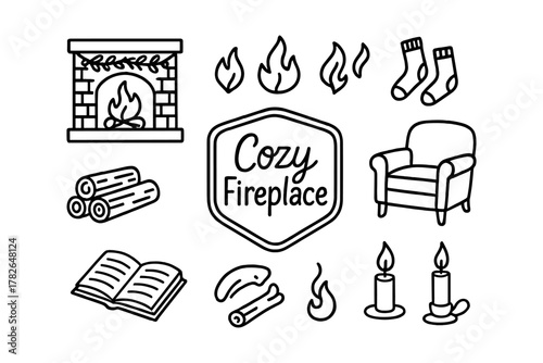 Cozy fireplace icons set with armchair, socks, and candles in linear style